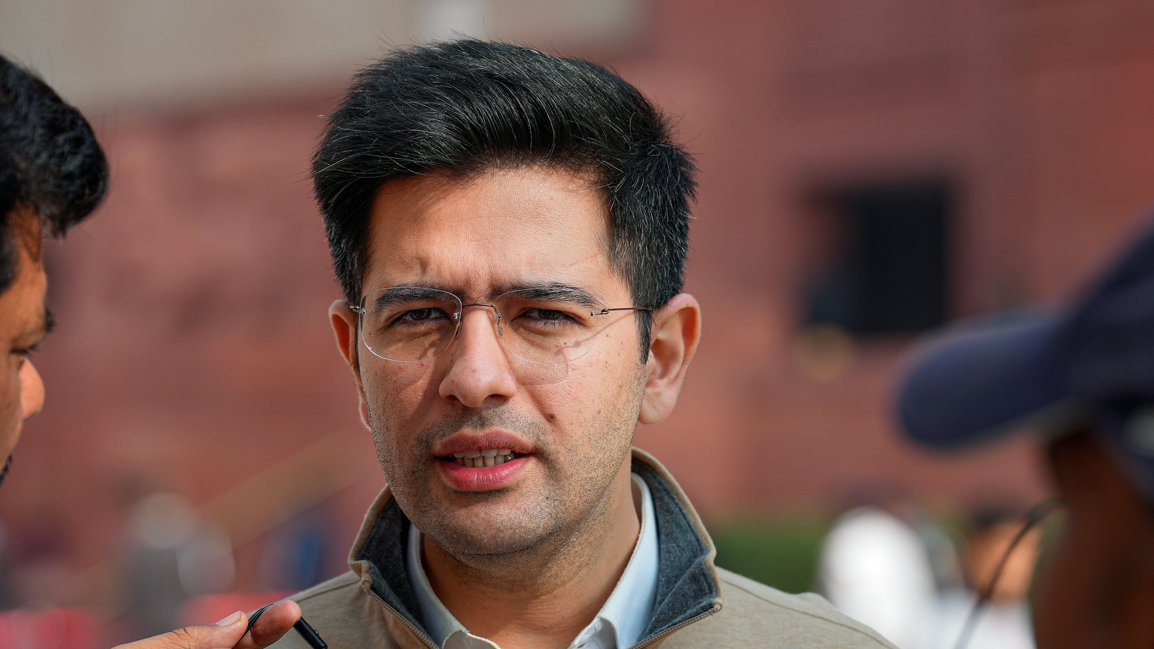 <div class="paragraphs"><p>AAP MP Raghav Chadha speaks with the media during the Winter session of Parliament, in New Delhi.</p></div>